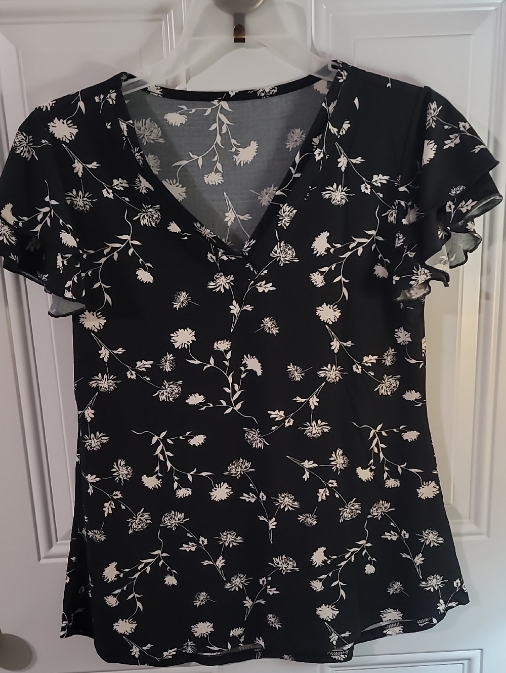 Black Floral V-Neck Women's Top